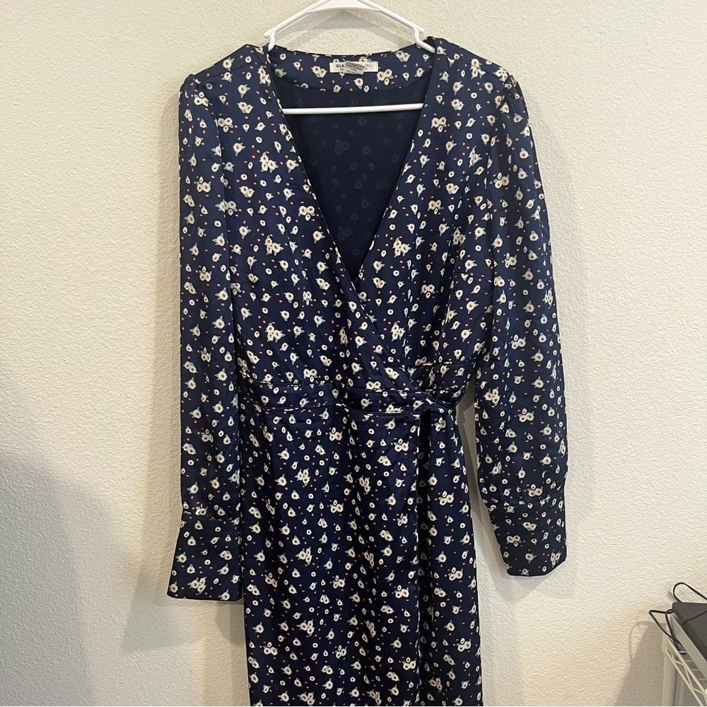 Glamorous Tall navy blue long sleeve midi wrap dress size 10